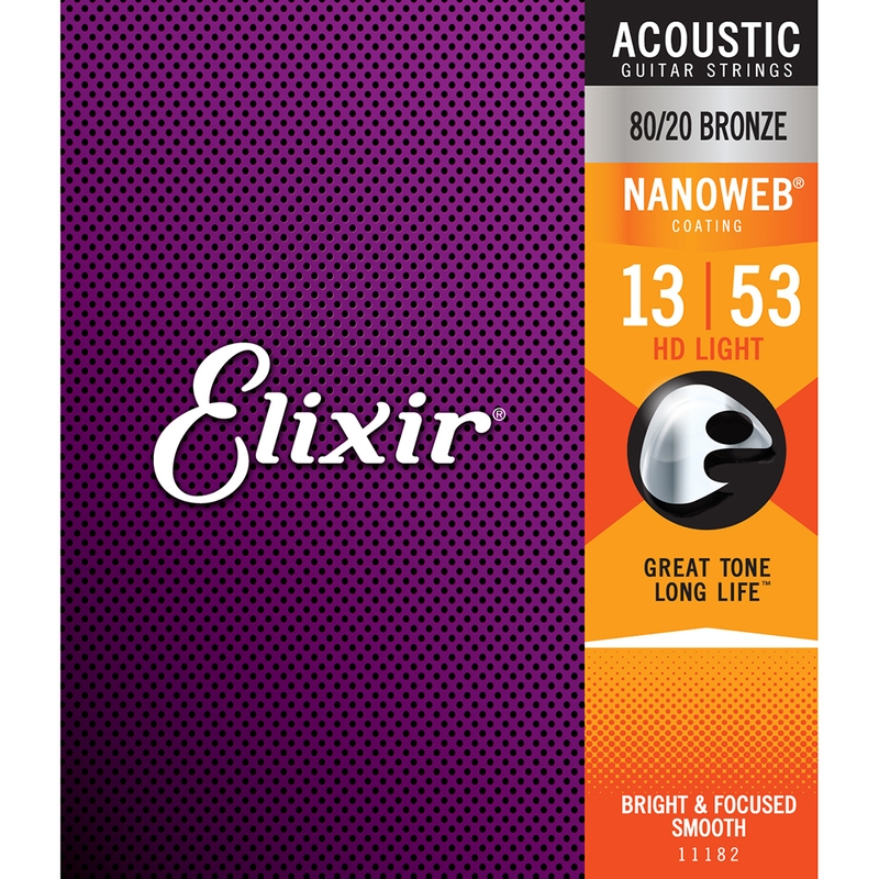 Elixir 11182 Nanoweb 80/20 Bronze Coating HD Light Acoustic Guitar Strings (13-53)