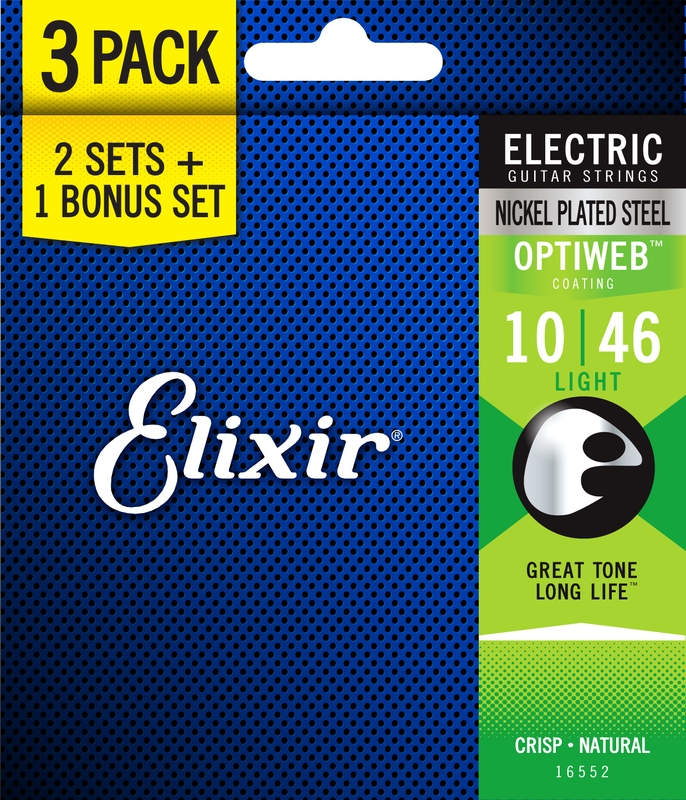 3 Sets of Elixir 19052 Electric Guitar Strings with OPTIWEB Coating, Light (10-46)