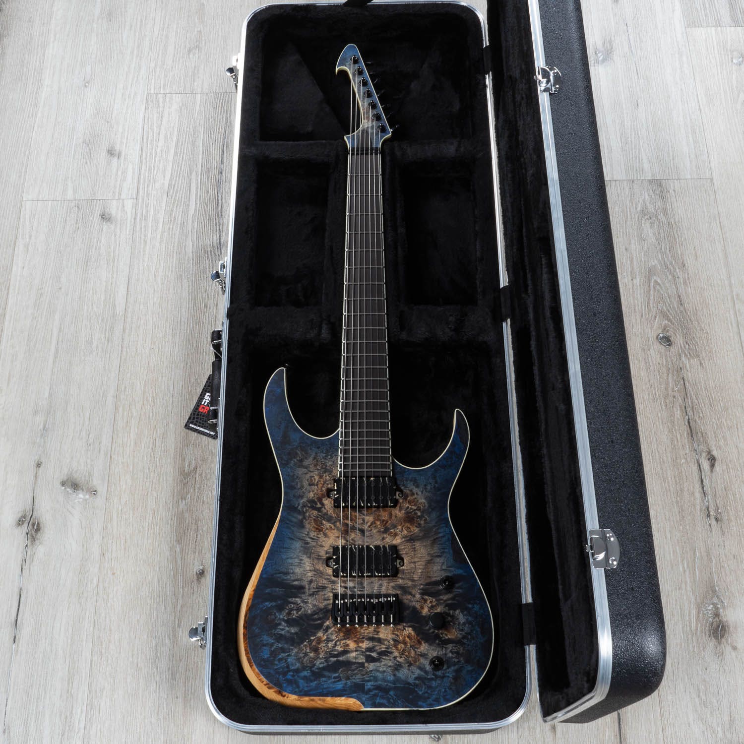 Skervesen Raptor 7 Guitar, 7-String, Ebony Fretboard, Blue Burst Burl