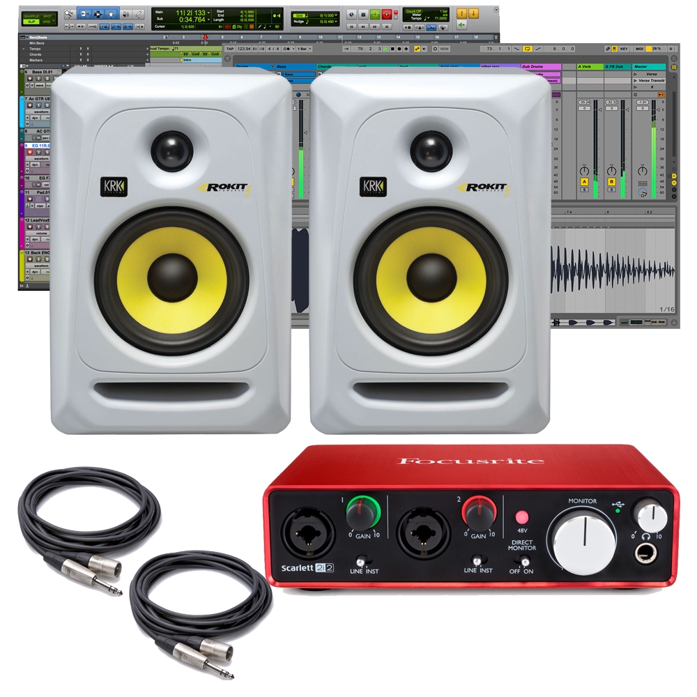 Focusrite Scarlett 2i2 2nd Recording Interface With Krk Rp5g3 Rokit 5 Monitors White And Cables