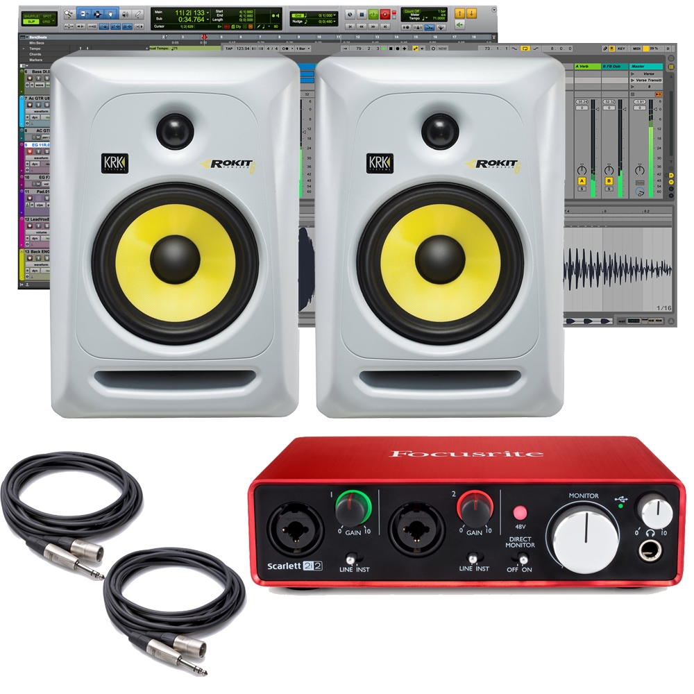 Focusrite Scarlett 2i2 Interface With Krk Rokit 6 Monitors White And Cables