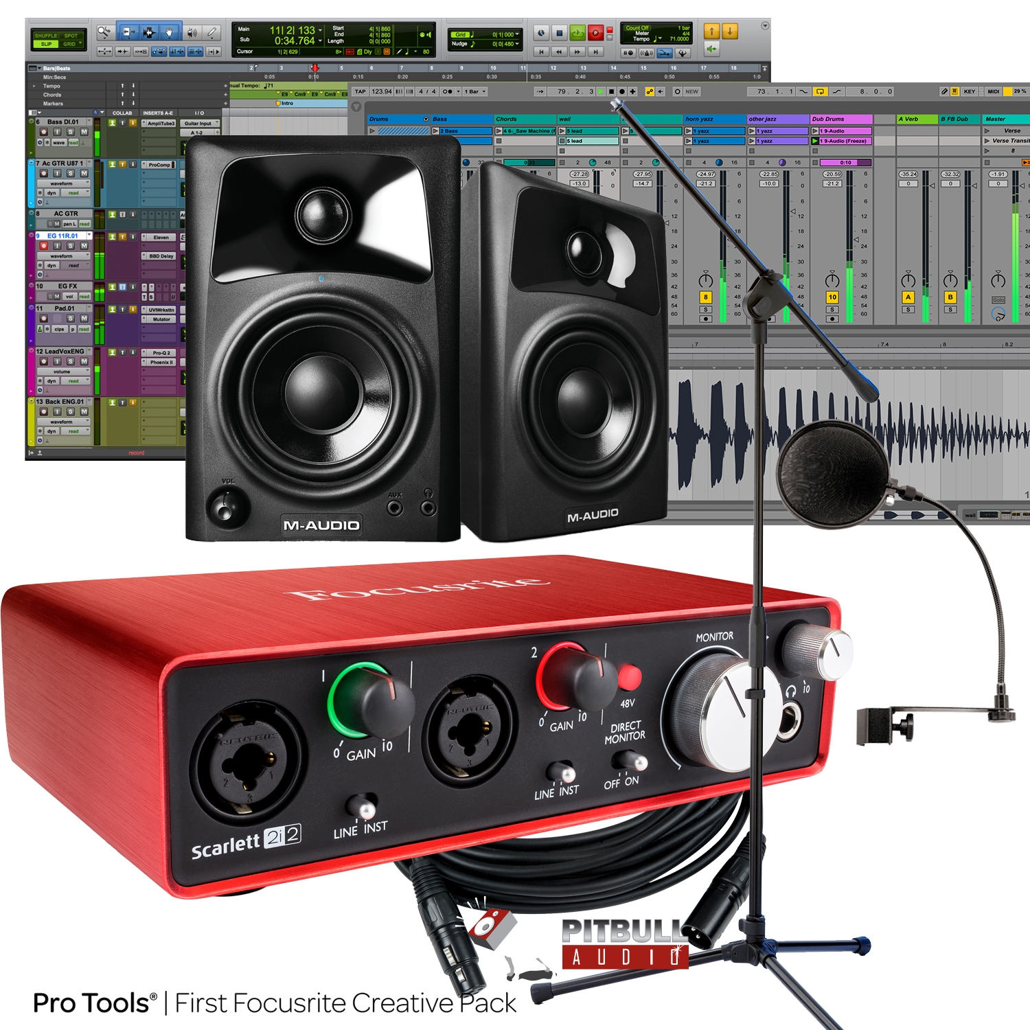 Focusrite Scarlett 2i2 2nd Gen Pro Tools First Recording Bundle With M Audio Monitors Pop Filter Stand Cables