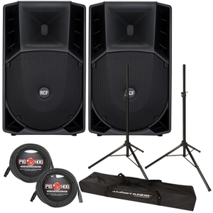 rcf art 745 a 15 active two way 1400w speaker pair with carry bags stands cables