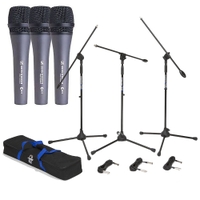 (3) Sennheiser e835 Vocal Microphones with Stands and 18 ft XLR Cables