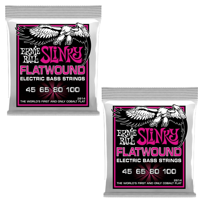 2-Pack of Ernie Ball 2814 Super Slinky Flatwound Electric Bass Strings, 45-100
