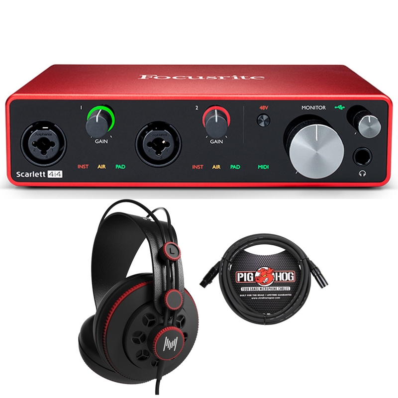 Focusrite 4i4 3rd Gen Home Recording Audio Interface + Studio Headphones + Microphone Cable