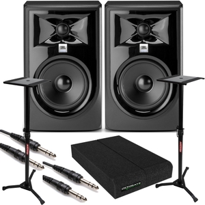 JBL 305P MkII Powered 5" Studio Monitor Pair with Isolation Pads, TRS Cables, and Stands