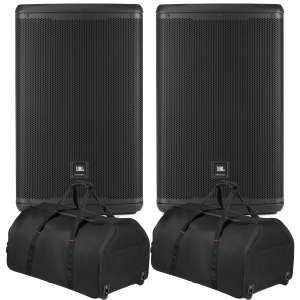 pair of jbl eon715 15 inch 1300 watt powered pa speaker w tote bags with wheels bu jbl eon715 bag w 