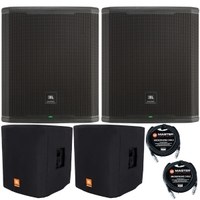 Pair of JBL PRX918XLF 2000-Watt 18-Inch Powered PA Subwoofers w/ Slip-On Covers & Cables