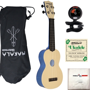 Kala MK-SWT-BL Makala Waterman Soprano Ukulele in Translucent Blue with Bag, Tuner, Strings, and Cloth