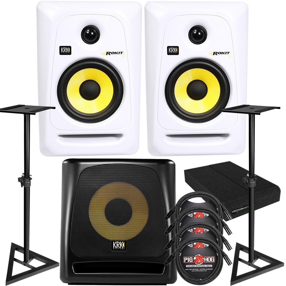 Krk Rp5g3 Rokit 5 G3 5 Studio Monitor Pair White With 10s V2 Sub Stands Cables And Isolation Pads