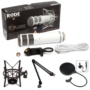 rode podcaster usb broadcast microphone with studio boom arm shock mount and pop filter