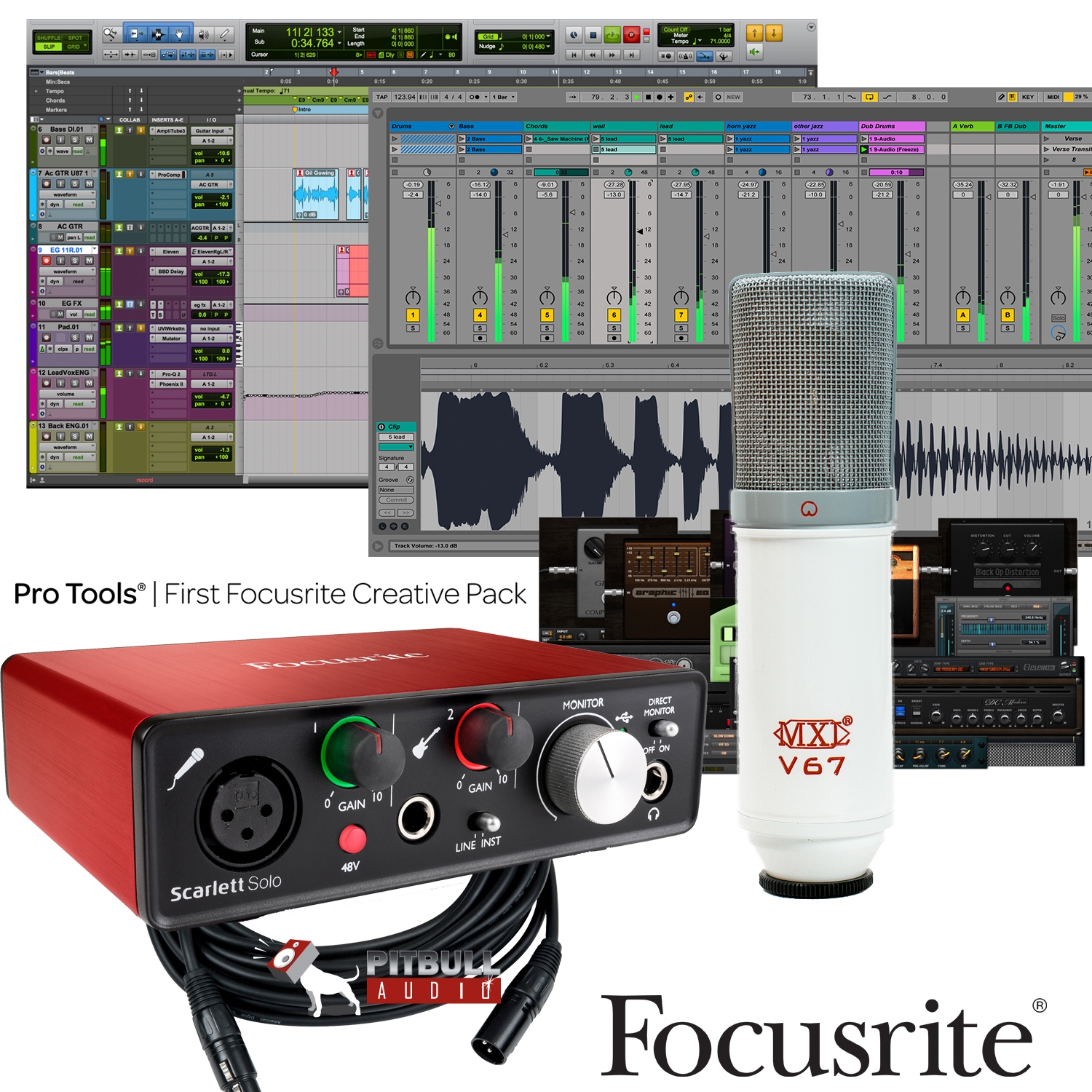 Focusrite Scarlett Solo 2nd Gen Pro Tools First Recording Bundle With Mxl V67 Pitbull Audio Edition Microphone And Cable