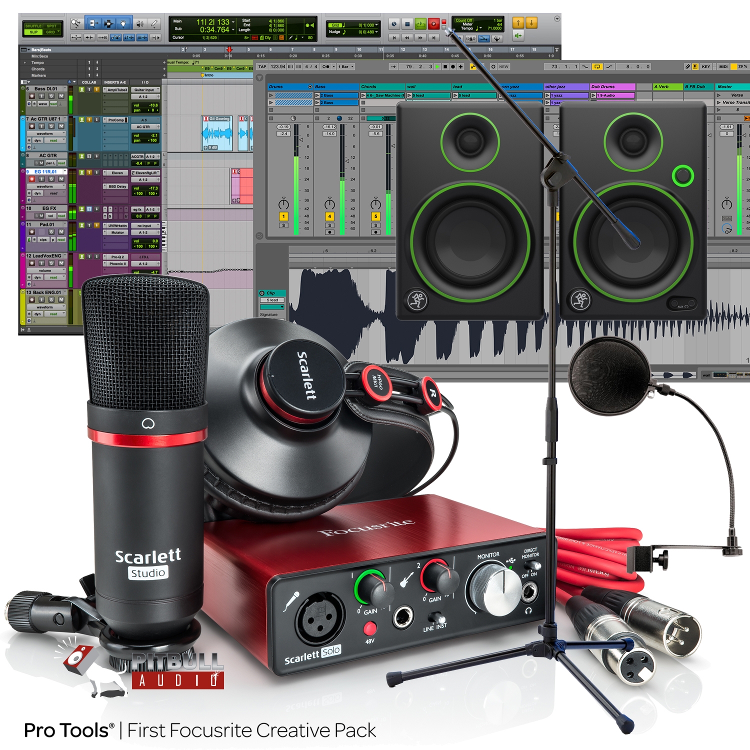 Focusrite Scarlett Solo Studio 2nd Gen Pro Tools First Recording Bundle With Mackie Cr3 Monitors