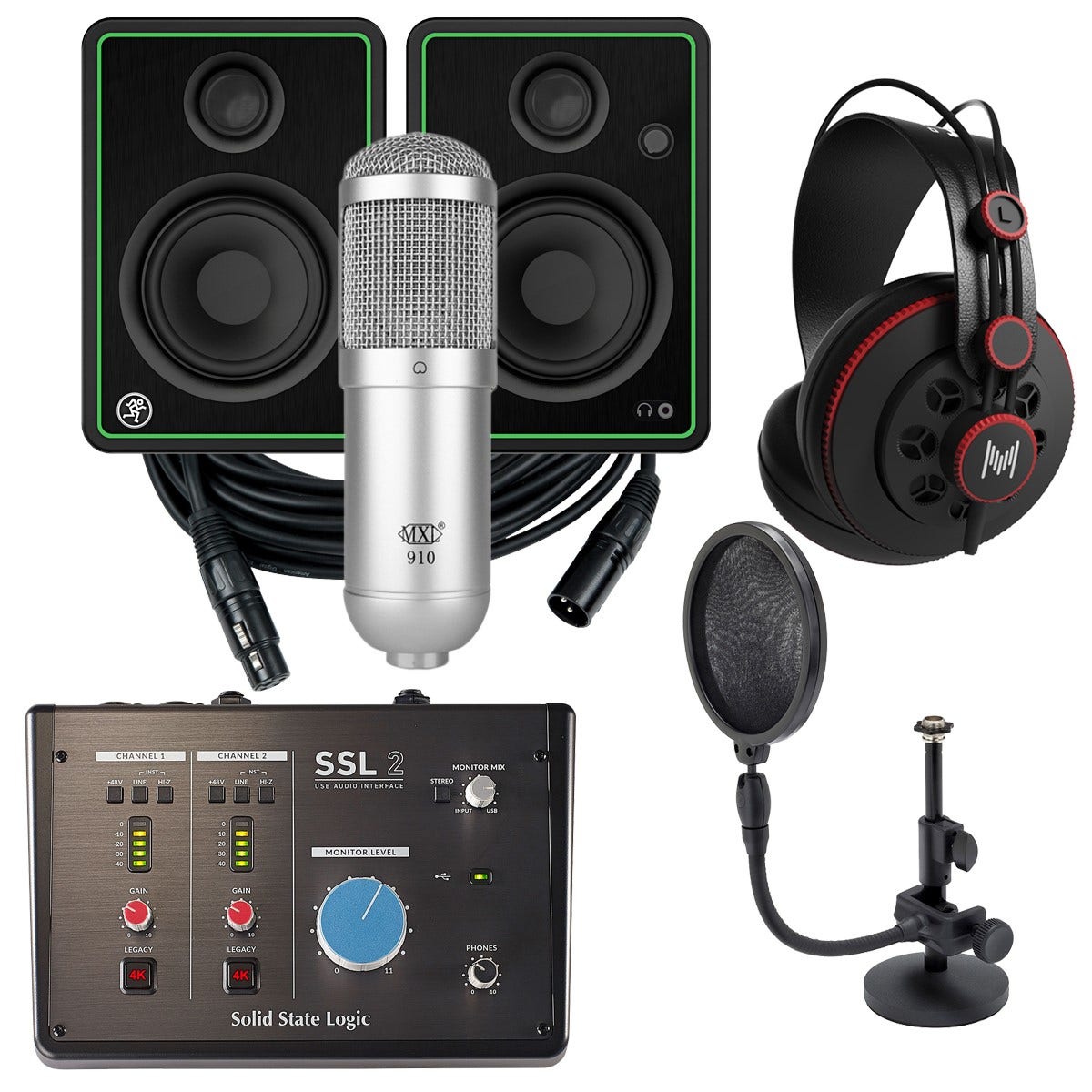 Solid State Logic SSL 2 Podcasting Home Recording Bundle + MXL Microphone +  Monitors