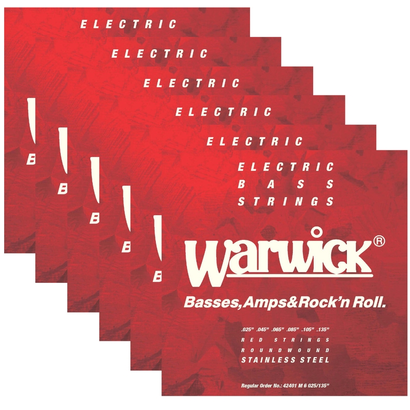 6-Pack of Warwick Red Label 6-String Bass String Set, Stainless Steel, 25-135