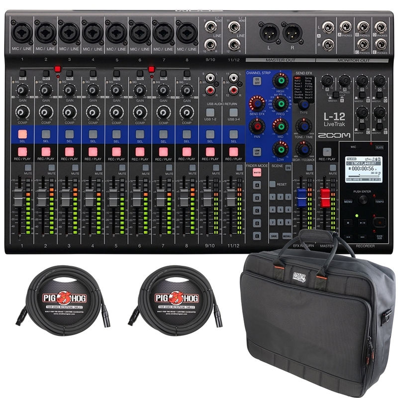 Zoom LiveTrak L-12 Live Digital Mixer and Recorder with Gator G-MIXERBAG-1815 Mixer/Equipment Bag and XLR Cables