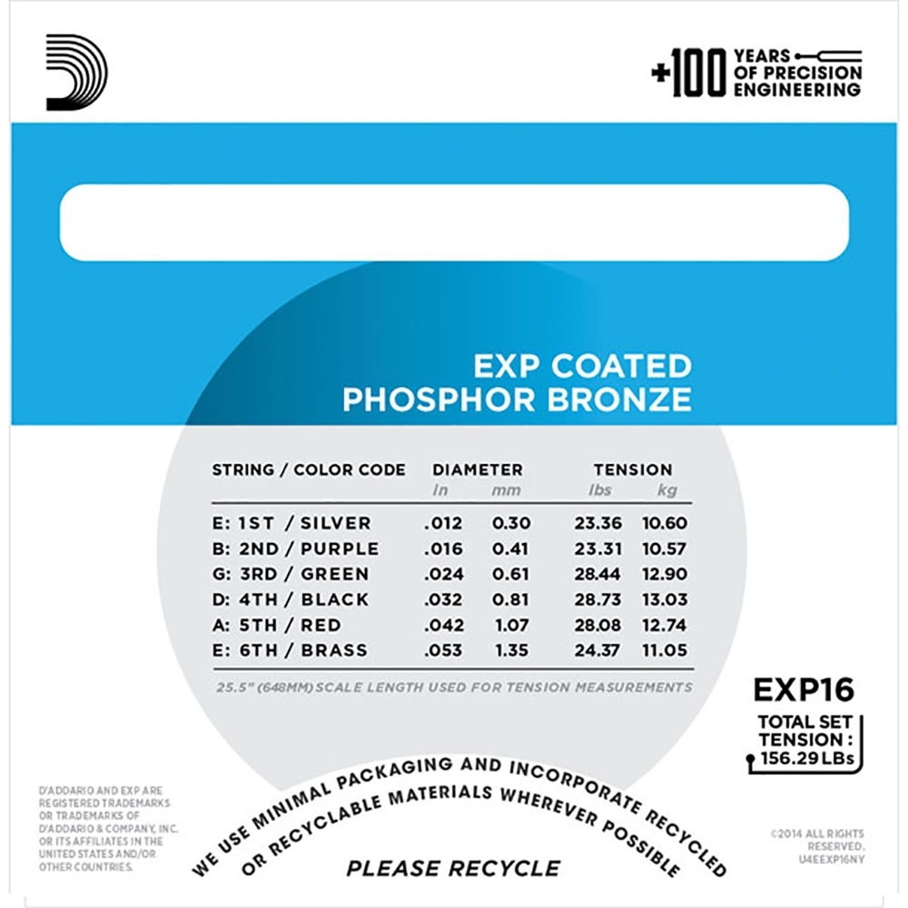 3 Sets Of D Addario Exp16 Coated Phosphor Bronze Acoustic Guitar Strings Light 12 53