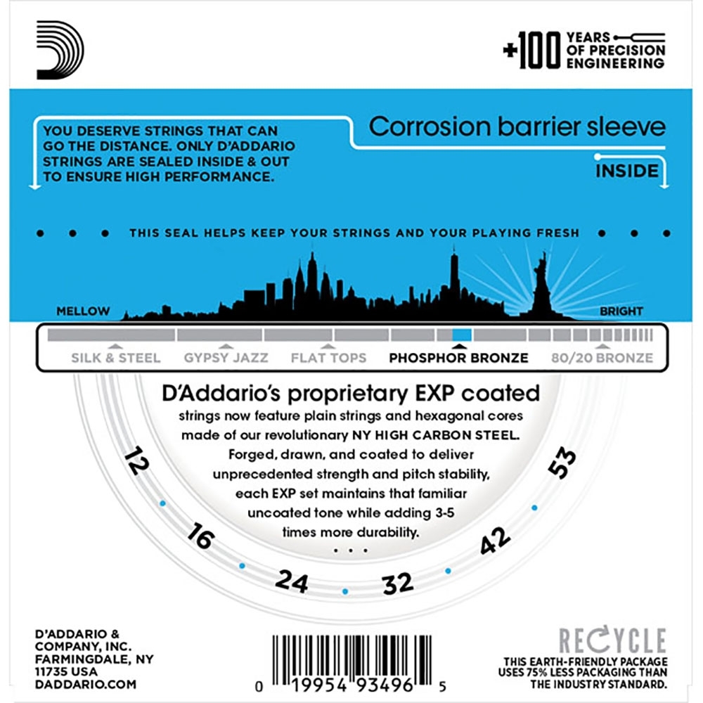 3 Sets Of D Addario Exp16 Coated Phosphor Bronze Acoustic Guitar Strings Light 12 53
