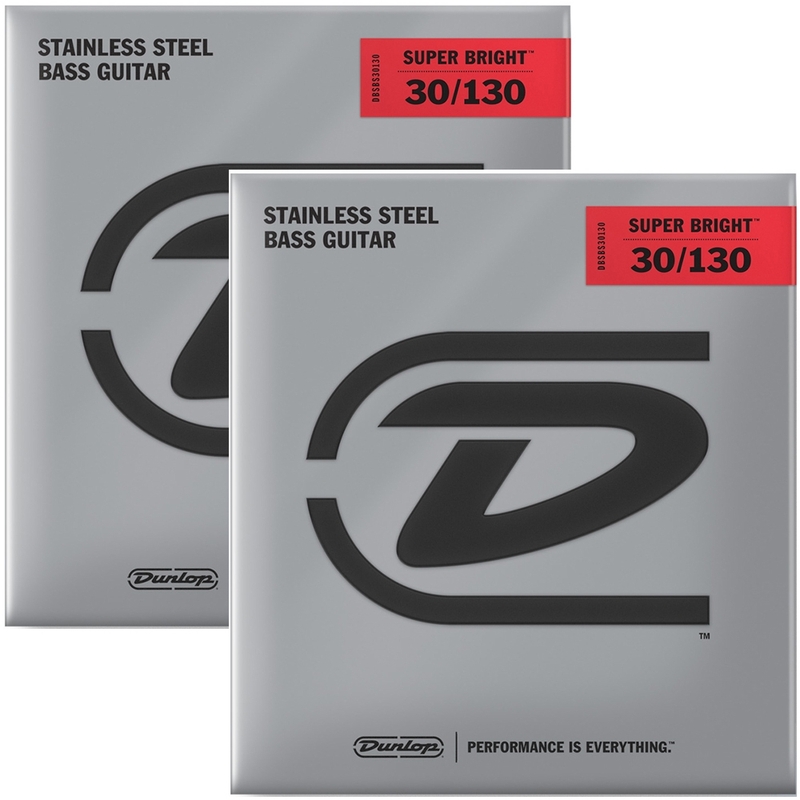 2 Sets of Dunlop DBSBS30130 Super Bright Stainless Steel 6-String Bass Strings, Medium (30-130)
