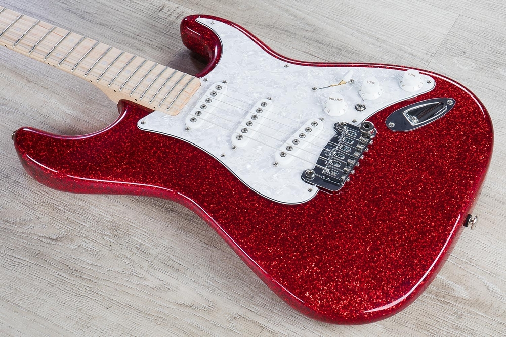 G&L USA S-500 Electric Guitar, Maple Fingerboard, Blue Flake Headstock, Hard Case - Red Metal Flake
