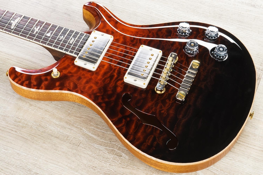 PRS Paul Reed Smith Wood Library McCarty 594 Semi-Hollow Guitar, Red Fade, Brazilian Rosewood, All-Rosewood Neck, Quilt Top
