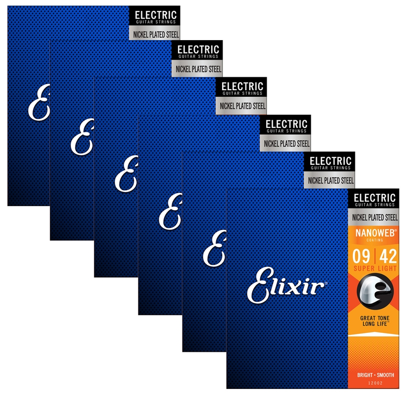 6 Sets of Elixir 12002 Nanoweb Super Light Electric Guitar Strings (9-42)