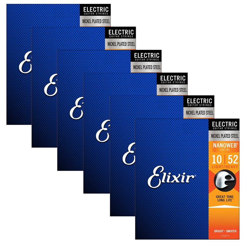 6 Sets of Elixir 12077 Nanoweb Light Top/Heavy Bottom Electric Guitar Strings (10-52)