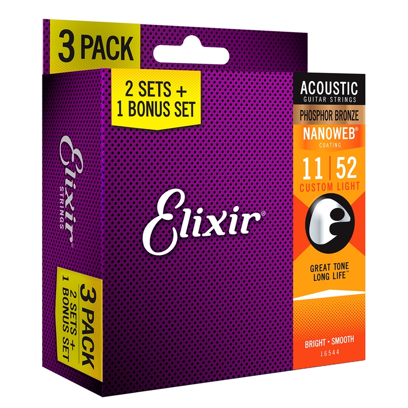 Elixir 16544 Nanoweb Phosphor Bronze Acoustic Guitar Strings (11-52) - 3-Pack