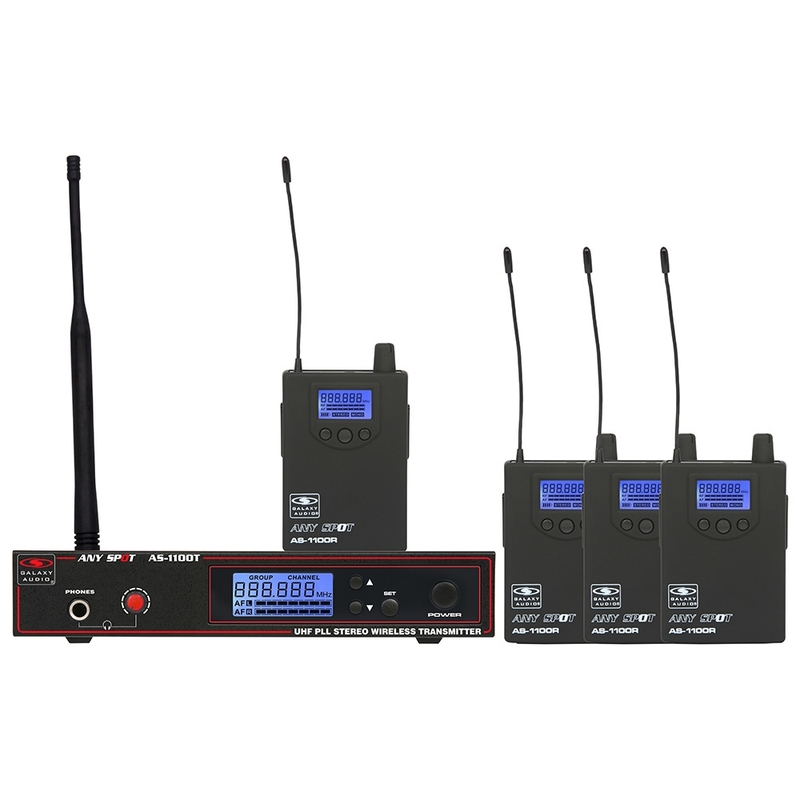 Galaxy Audio AS-1100-4 Any Spot Wireless Monitoring System with 4 Bodypack Receivers; D (584-607 MHz)