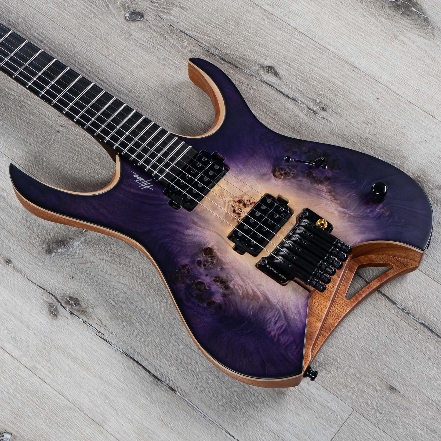 Mayones Hydra Elite Pro 6 Headless Guitar, Natural Fade Purple Burst