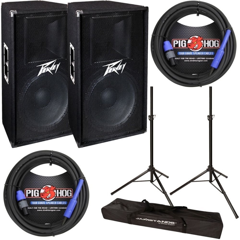 Peavey PV115 Pair Pro Audio 15" 2-Way Passive 400W Speaker with Stands & Cables