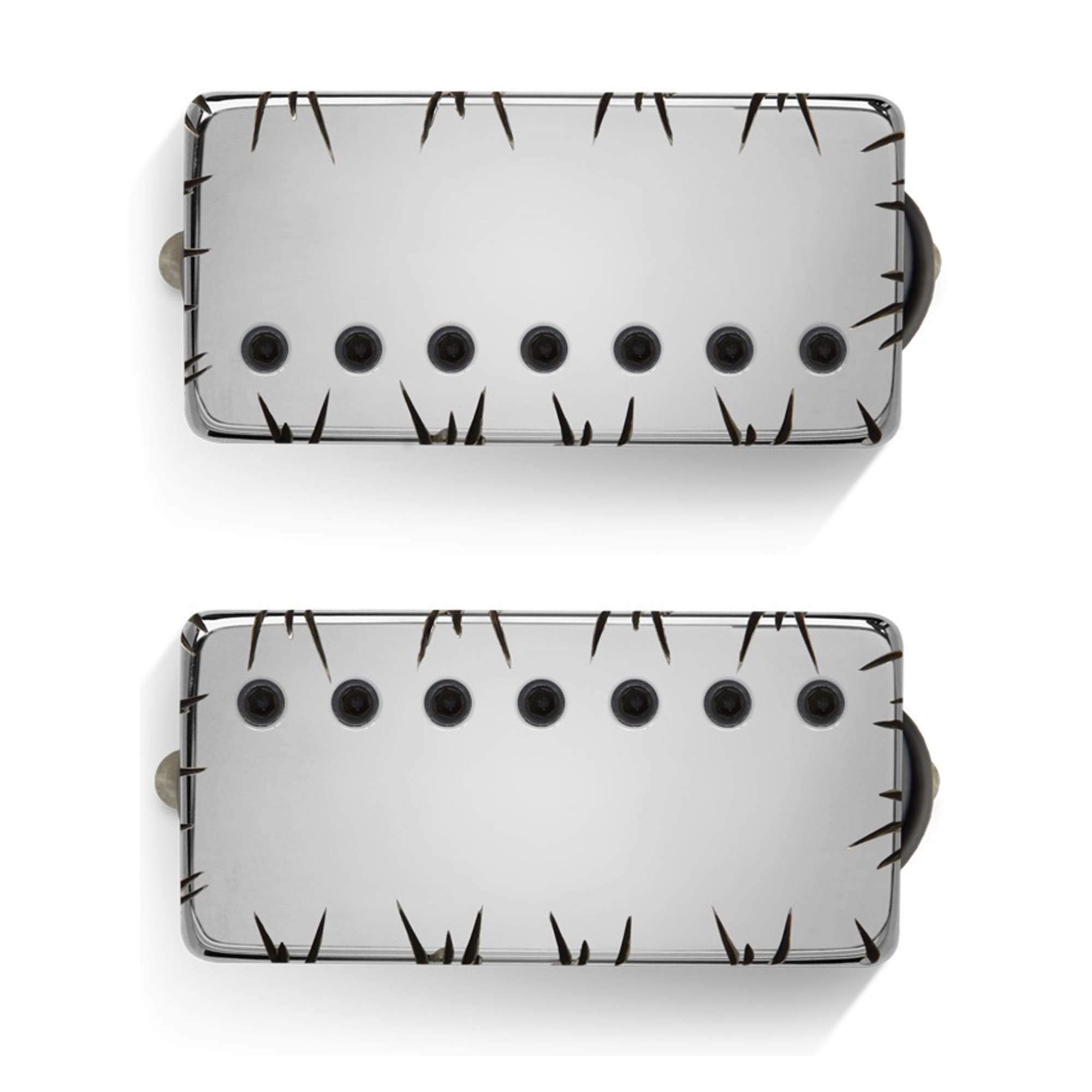 Bare Knuckle Ragnarok 7-String Calibrated Humbucker Set, Short Leg, Chrome  Battleworn Covers, Black Bolts