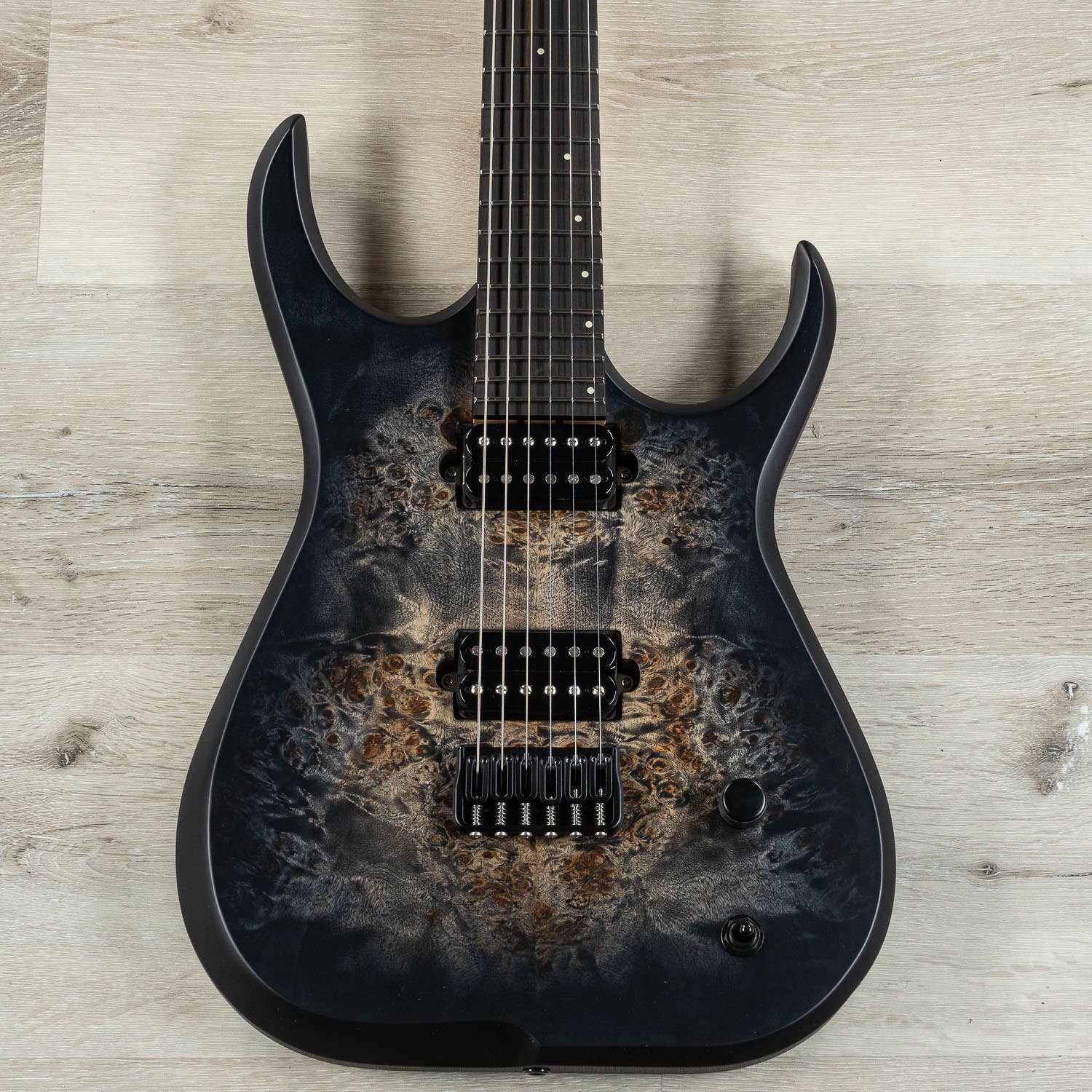 Skervesen Raptor 6 Guitar, Ebony Fretboard, Poplar Burl Top, Black Burst