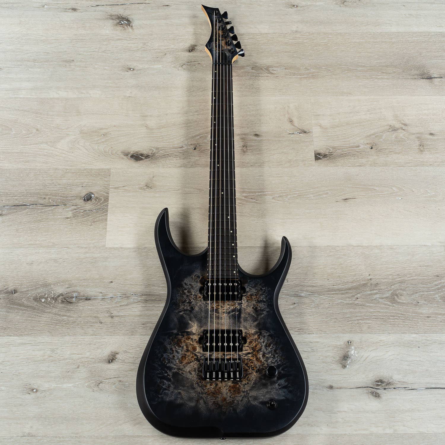 Skervesen Raptor 6 Guitar, Ebony Fretboard, Poplar Burl Top, Black Burst