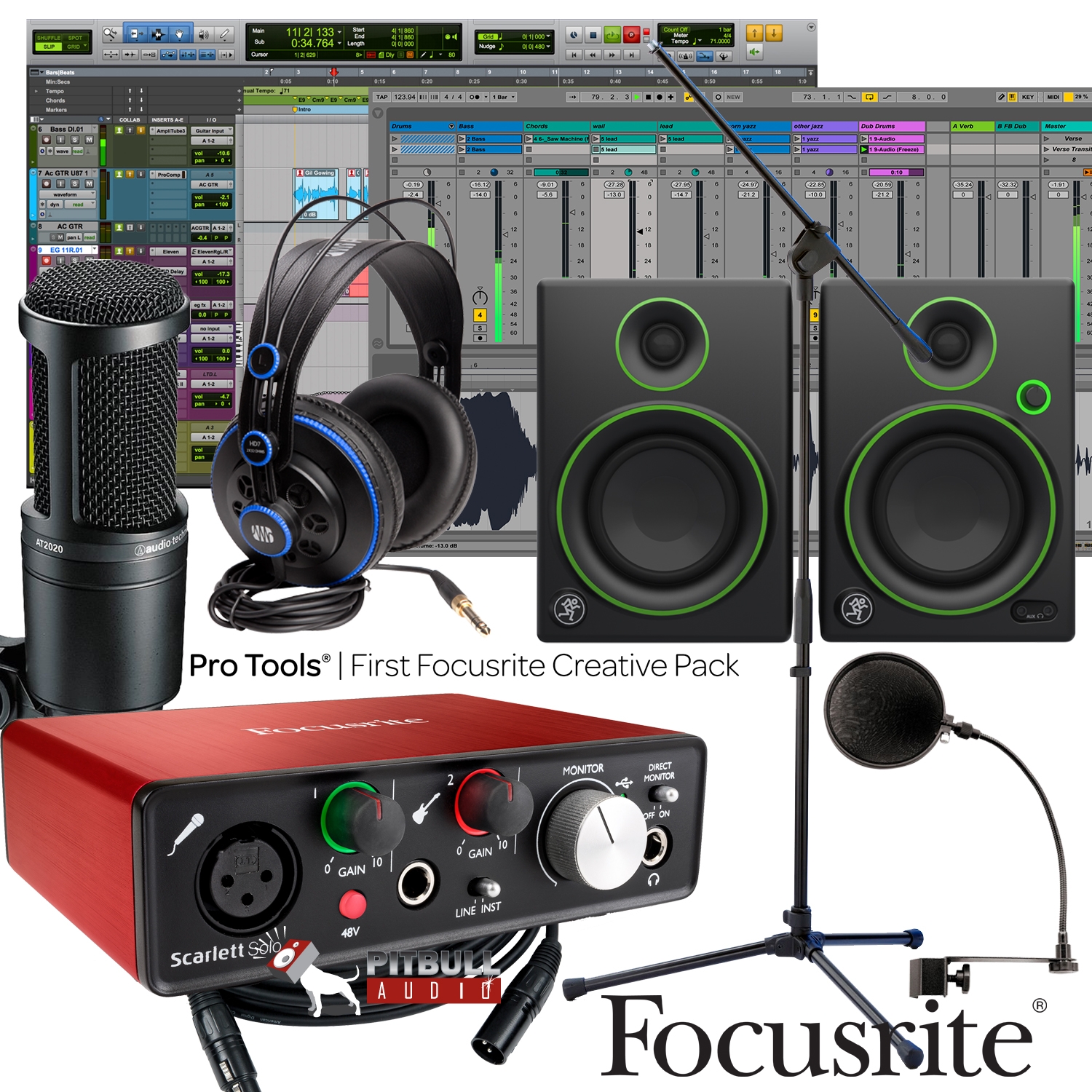 Focusrite Scarlett Solo 2nd Gen Pro Tools First Home Recording Bundle With Mackie Monitors Audio Technica Mic Presonus Headphones