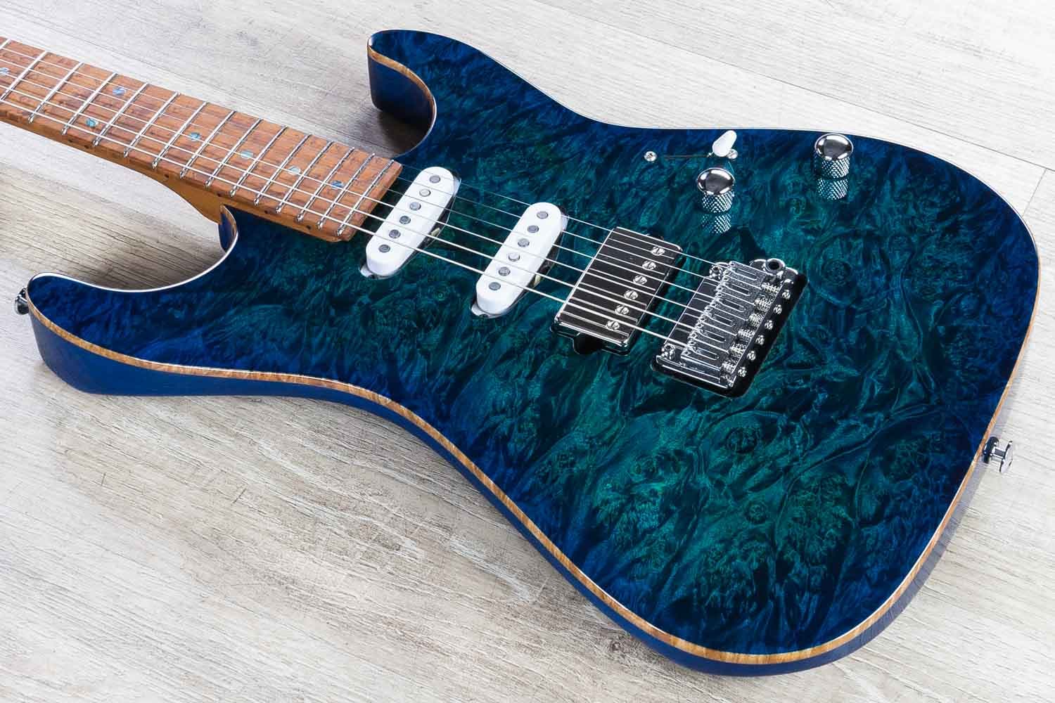Suhr Standard Custom HSS Guitar, Aqua Blue Burst, Birdseye Maple Fretboard,  Burl Top
