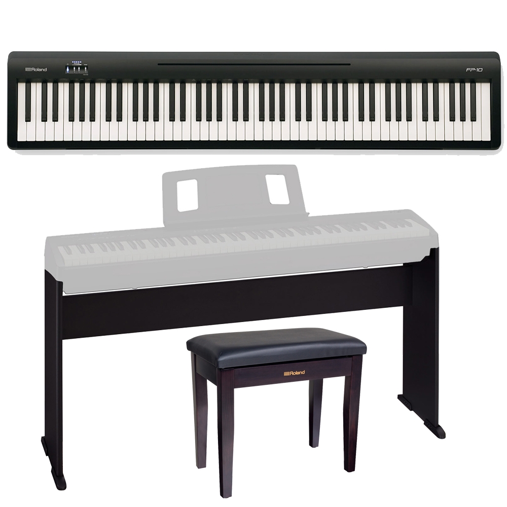 Roland FP10 Digital Piano, 88 Note, Bluetooth, Onboard Speakers, w/ SKCFP10 Stand and RPB100BK
