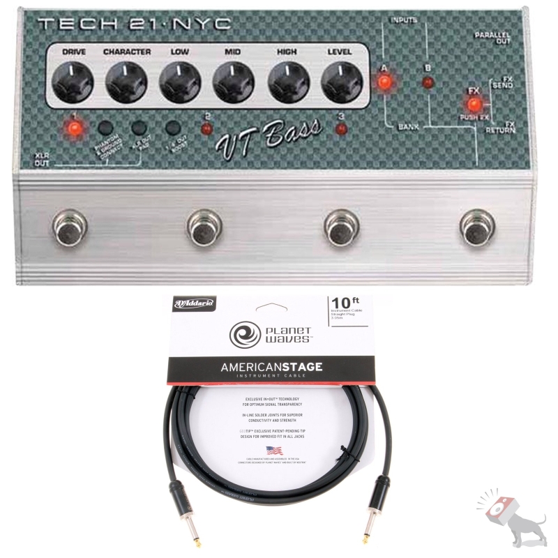 Tech 21 SansAmp VT Bass Deluxe Distortion Guitar Effects Pedal & 10ft Cable