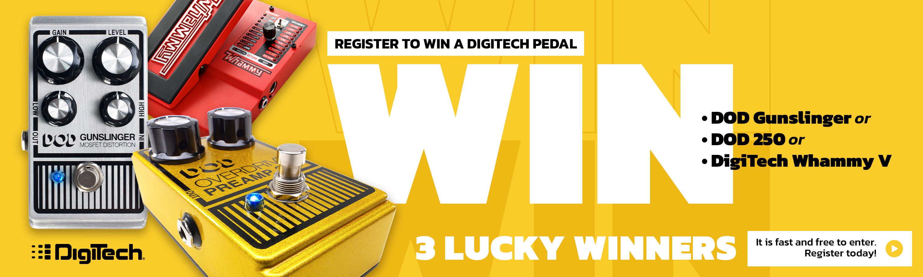 Digitech DOD Giveaway. 3 lucky winners for the DOD Gunslinger, the classic tones of the DOD 250, or the mind-bending effects of the Whammy V