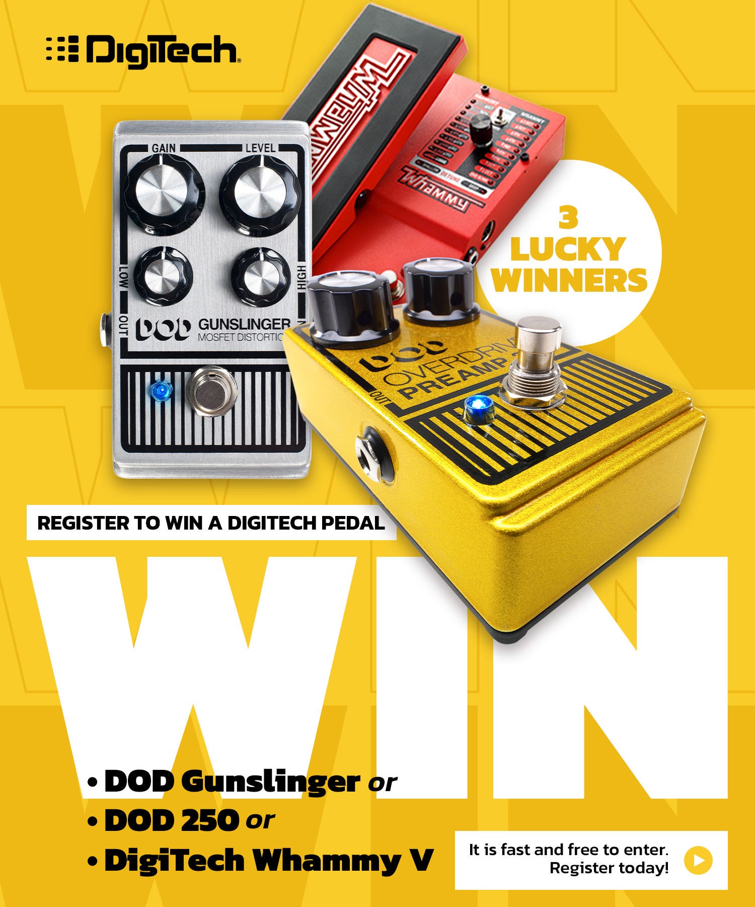Digitech DOD Giveaway. 3 lucky winners for the DOD Gunslinger, the classic tones of the DOD 250, or the mind-bending effects of the Whammy V