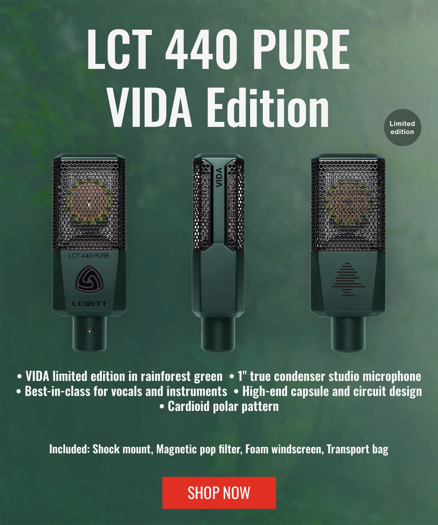 LCT 440 PURE – VIDA Edition. Included: Shock mount, Magnetic pop filter, Foam windscreen, Transport bag